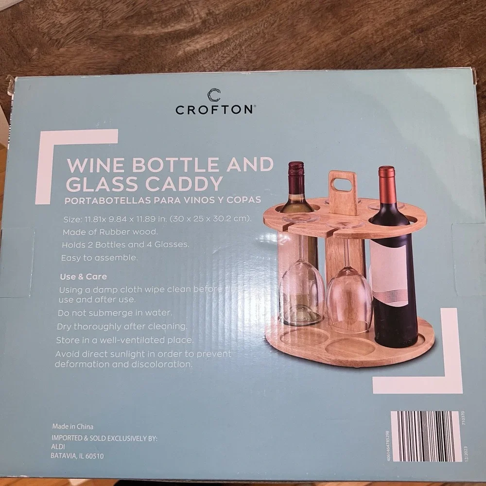 Wine Bottle Holder Glass Caddy Cup‎ Wooden Rack w/ Handle New in Box
